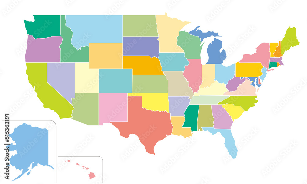 アメリカ合衆国の地図、全50州、カラフルで明るい