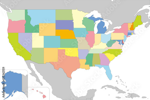 アメリカ合衆国の地図、全50州、カラフルで明るい