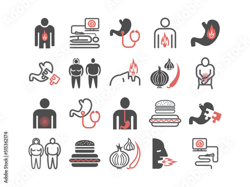 Heartburn. Symptoms, Treatment. Line icons set. Vector signs for web graphics.