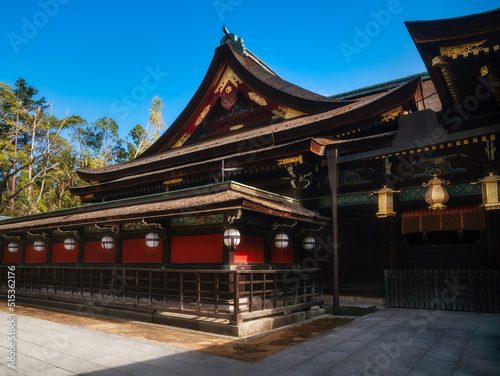 Kitano Tenmangu Shrine market building perspective at the Poet's festival in Kyoto, Japan.