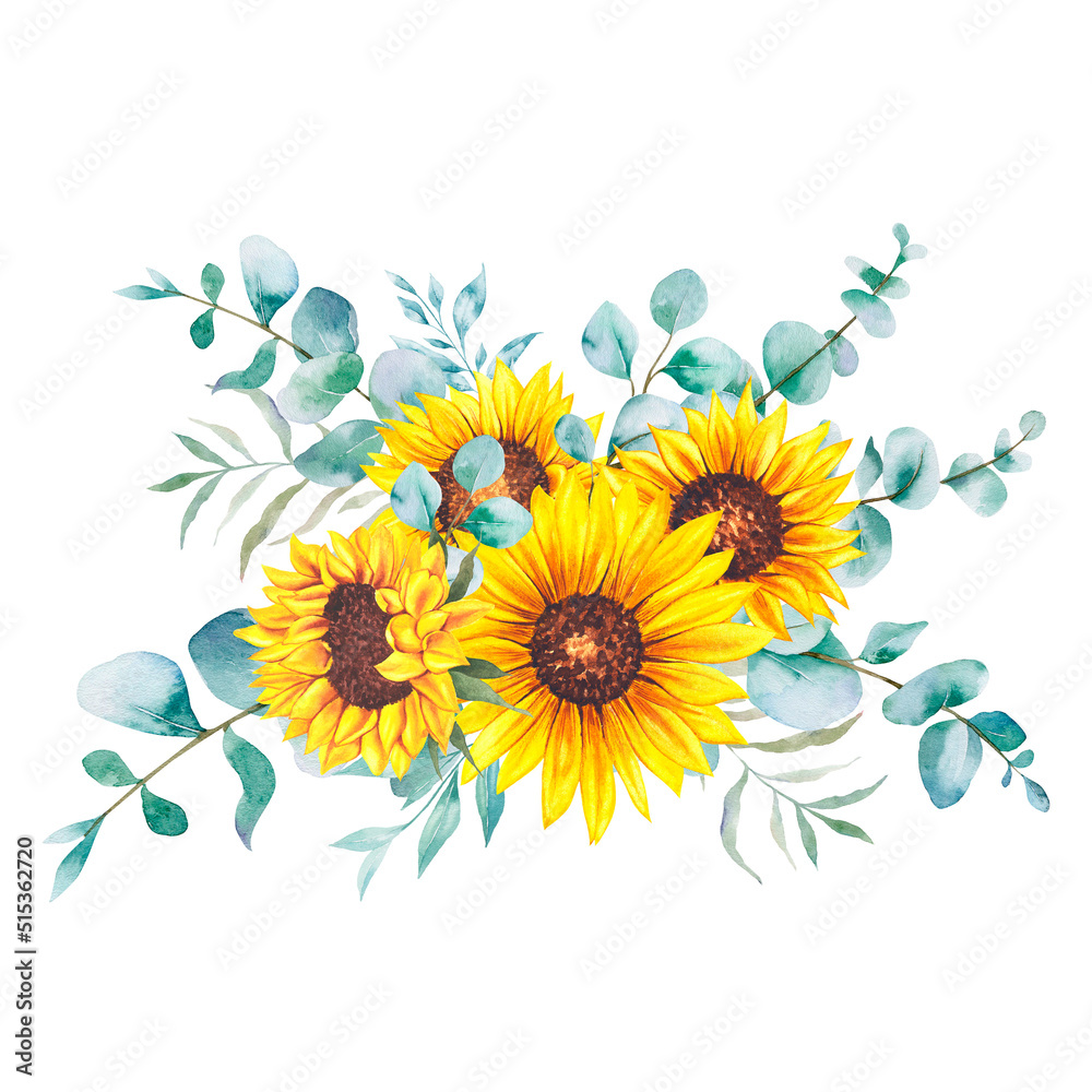 Watercolor sunflowers bouquet, hand painted sunflower bouquet, sunfower flower arrangement. Wedding invitation clipart elements. Watercolor floral. Botanical Drawing. White background