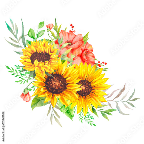Watercolor sunflowers bouquet  hand painted sunflower bouquet  sunfower flower arrangement. Wedding invitation clipart elements. Watercolor floral. Botanical Drawing. White background
