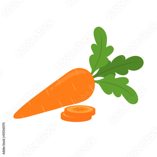 Whole carrot and slices isolated on white background. Daucus carota. Vegetarian food. Vector vegetables illustration in flat style. photo