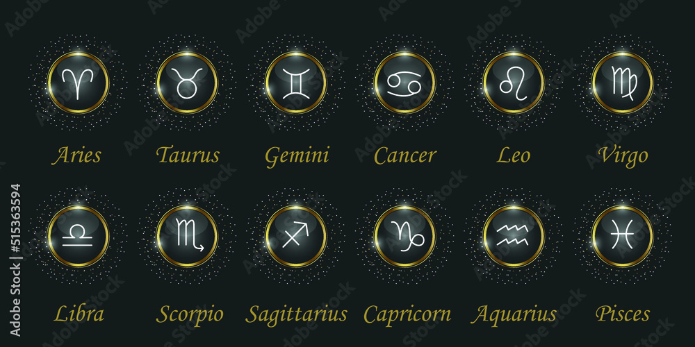 Luxury Zodiac Sings Set With Captions Horoscope And Astrology Symbols