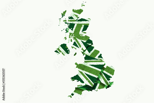 Union Jack Flag and geographical outline of the United Kingdom with a green effect suggesting environmental actions
