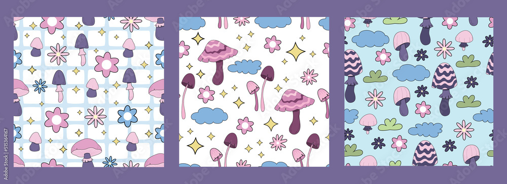 Set seamless pattern magic hallucinogenic mushrooms. Fantasy cute elements. Cute cartoon mushrooms on the grass. Modern design print for cloth, wallpaper, decor interior. Hippie style. Vector float. Set seamless pattern magic hallucinogenic mushrooms. Fantasy cute elements. Cute cartoon mushrooms on the grass. Modern design print for cloth, wallpaper, decor interior. Hippie style. Vector float.