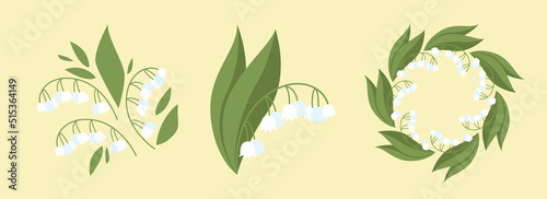 Fototapeta Naklejka Na Ścianę i Meble -  Collection Lily of the valley on an isolated background. Vector flat illustration of summer flower.