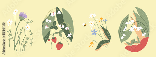 Collection hand drawn flowers. Summer illustration. Strawberry, chamomile, lily of the valley. Design for your brand. Vector clip-art on isolated white background.