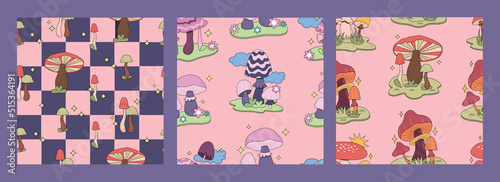 Set seamless pattern magic hallucinogenic mushrooms. Fantasy cute elements. Cute cartoon mushrooms on the grass. Modern design print for cloth, wallpaper, decor interior. Hippie style. Vector float.