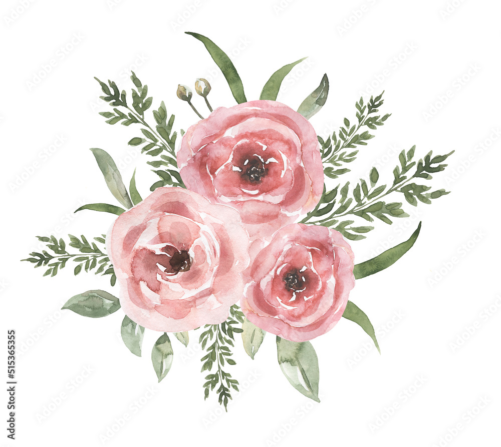 Watercolor Delicate peony flowers bouquet clipart, Pink garden flower ...