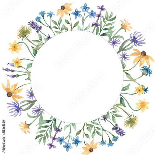 Wallpaper Mural Hand drawn watercolor spring and summer meadow florals wreath illustration.Wildflower wreath, field flowers frame for wedding, birthday invitation. Meadow herbs clip art. floral arrangement Torontodigital.ca