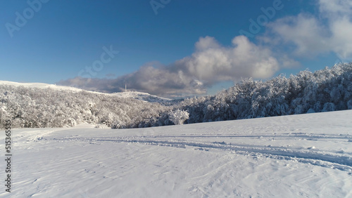 Fantastic winter landscape of high mountain and snowy forest on cloudy, blue sky background. Shot. Sunny day in white, winter rocks and trees covered with snow against bright sky.