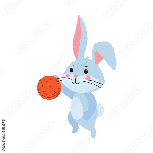 Cute cartoon rabbit or hare. Rabbit is playing basketball. Printing on children's T-shirts, greeting cards, posters. Hand-drawn vector stock illustration isolated on white background