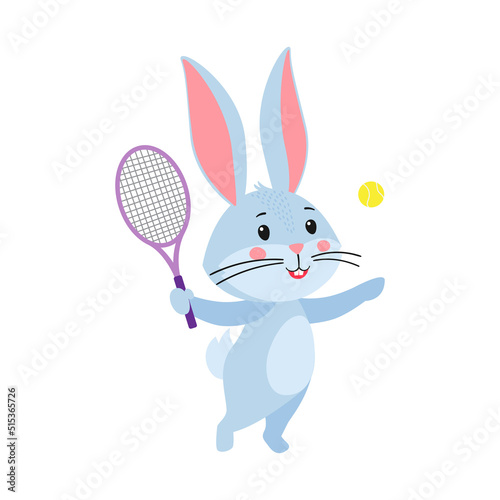 Cute cartoon rabbit or hare. Rabbit with a racket and a tennis ball playing tennis. Printing on children's T-shirts, greeting cards, posters. Hand-drawn vector stock illustration isolated on white  © Мария Кутепова