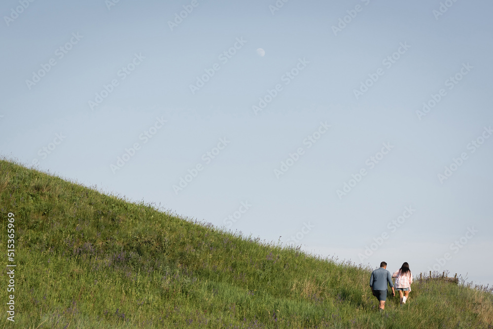 back view of couple walking in green hilly field in summer.