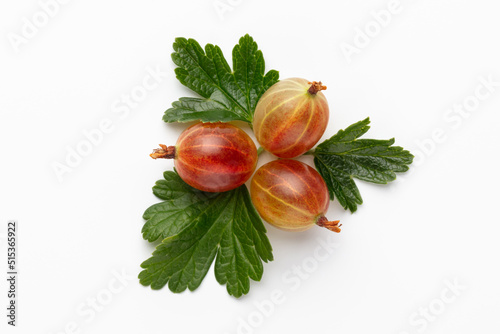 Ripe red gooseberry berry with gooseberry leaf isolated on white background.