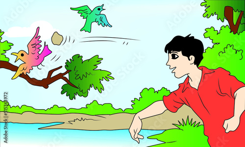 The boy is hitting the bird with a piece of soil
