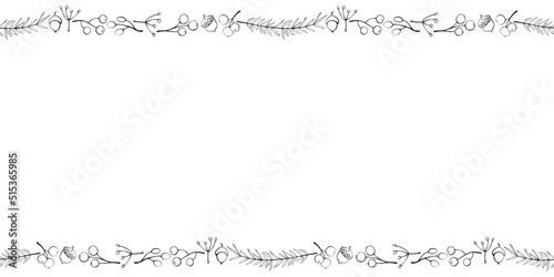 Vector background, frame made of outline twigs, berries, acorns on edges. Horizontal top and bottom edging, border, decoration for seasonal design, thanksgiving theme and happy fall