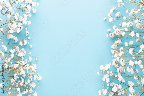 Beautiful flower background of pink gypsophila flowers. Flat lay, top view. Floral pattern.