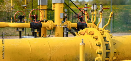 Valves at gas plant,pressure safety valve,selective focus.Background for business.Summer time,banner,advertisement.