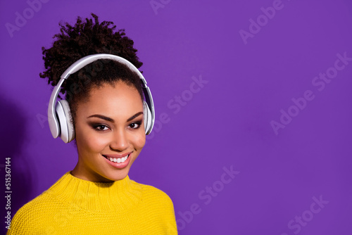 Photo of pretty satisfied person toothy beaming smile look camera isolated on violet color background
