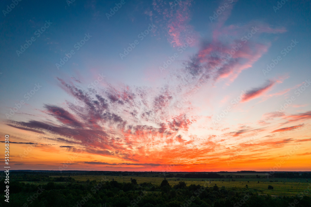 sunset with red sky, drone view 