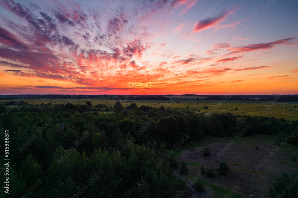 sunset with red sky, drone view 