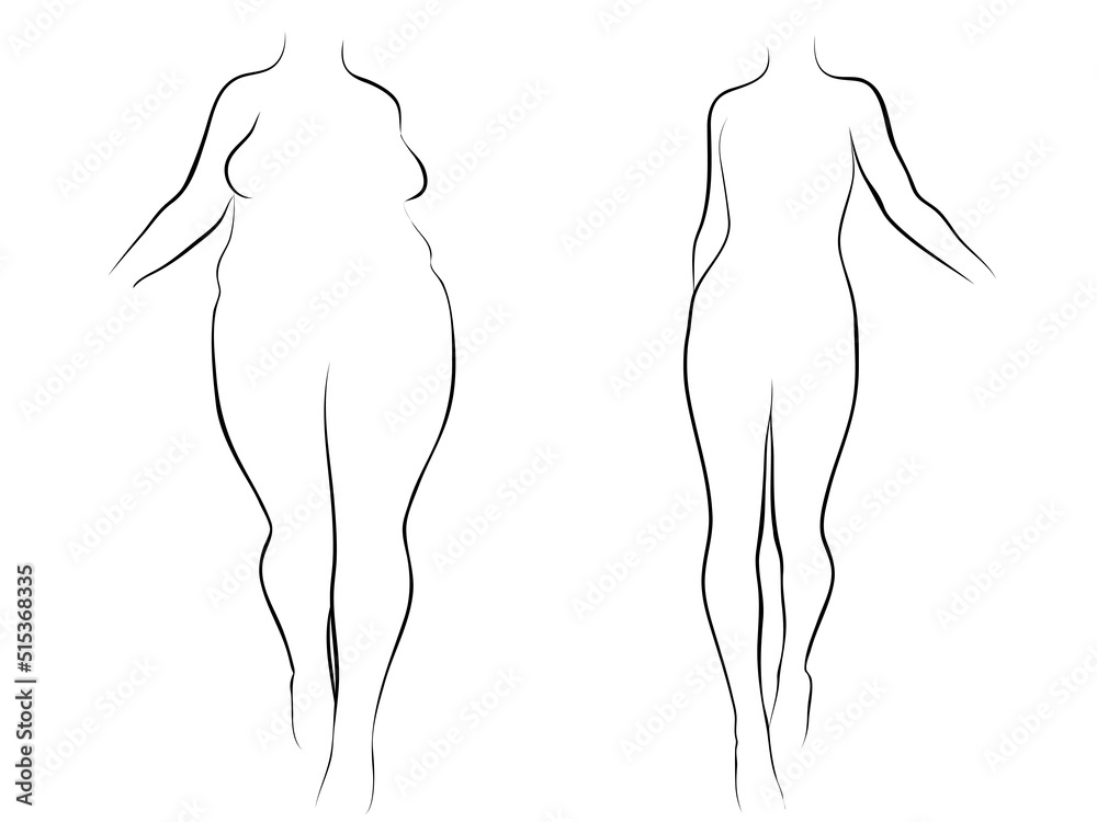 Vector conceptual fat overweight obese female vs slim fit healthy body after weight loss or diet with muscles thin young woman isolated. Fitness, nutrition or fatness obesity, health silhouette shape Vector conceptual fat overweight obese female vs slim fit healthy body after weight loss or diet with muscles thin young woman isolated. Fitness, nutrition or fatness obesity, health silhouette shape