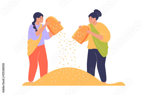 Indian women winnowing rice grains flat vector illustration. Female workers wearing traditional clothes working on paddies together. Farming, agriculture, harvesting concept