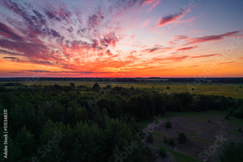 sunset with red sky  drone view 