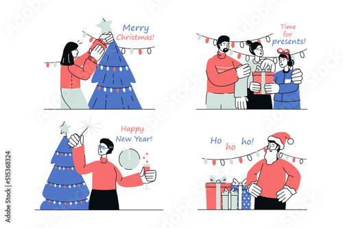 Merry Christmas concept set in flat line design. Men and women celebrate Xmas, decorate festive tree with garlands, give gifts, have fun at party. Vector illustration with outline people scene for web