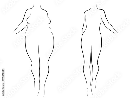 Vector conceptual fat overweight obese female vs slim fit healthy body after weight loss or diet with muscles thin young woman isolated. Fitness, nutrition or fatness obesity, health silhouette shape