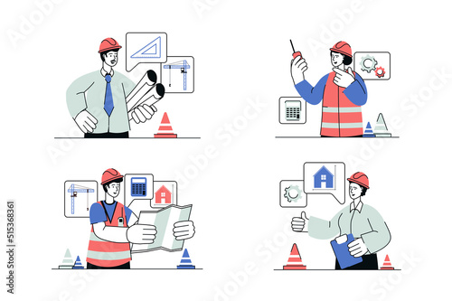 Construction engineer concept set in flat line design. Men and women in helmet working as architects and contractors, drawing building blueprints. Vector illustration with outline people scene for web