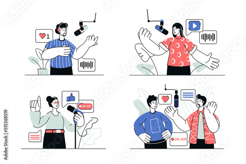 Podcast streaming concept set in flat line design. Men and women recording audio program with mic, making radio show, interview talk broadcast. Vector illustration with outline people scene for web