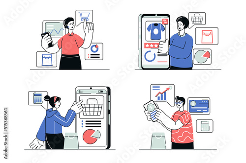 Mobile commerce concept set in flat line design. Men and women make purchases using mobile phone store app, receive discounts and great offers. Vector illustration with outline people scene for web © Andrey