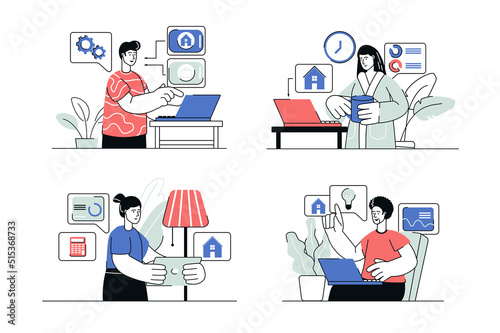 Freelance working concept set in flat line design. Men and women work on laptops from home offices, making tasks remotely and communicate online. Vector illustration with outline people scene for web