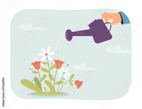 Human hand watering flowers flat vector illustration. Man taking care of plants. Gardening, ecology, hobby, nature concept for banner, website design or landing web page