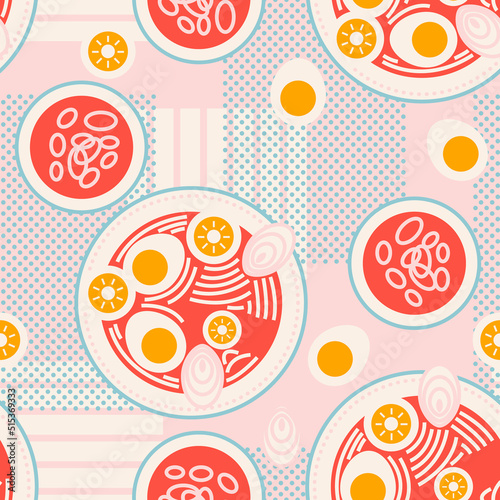Ramyun or ramen. Traditional Asian, Japanese, Korean meal with noodles, eggs and broth. Cartoon colorful vector seamless pattern, background, print