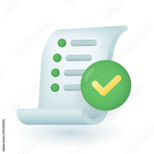 3d cartoon style checklist with green checkmark icon. To do list with completed tasks on white background flat vector illustration. Success, productivity, management, achievement concept