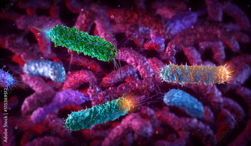 Pathogenic rodshaped e.coli salmonella bacteria medical background. Germ, bacterial infection