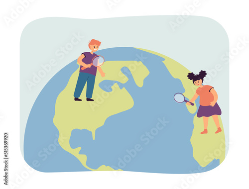 Kids exploring planet with magnifier flat vector illustration. Happy girl and boy studying globe. Education, geography, earth, study concept for banner, website design or landing web page