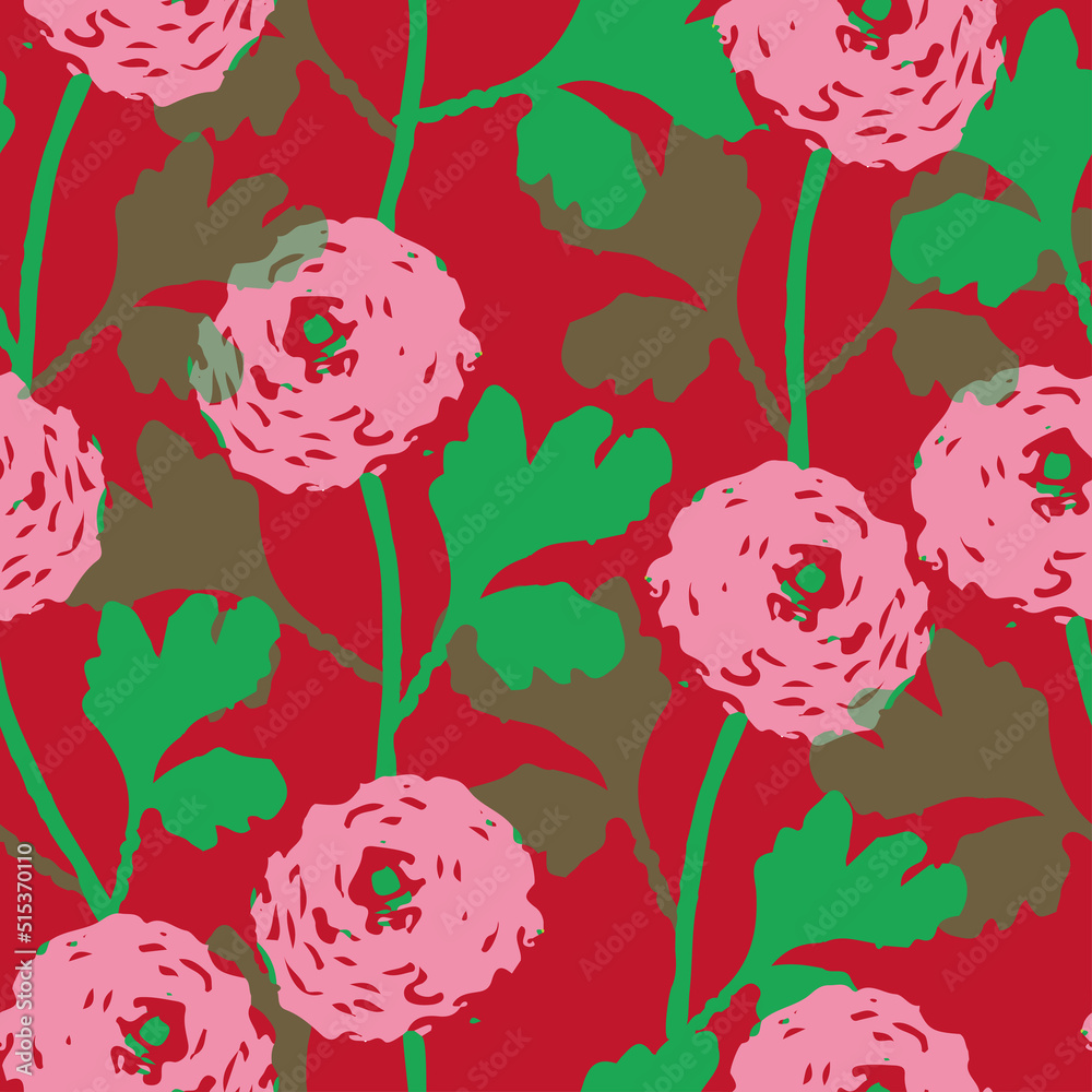 seamless hand draw pink buttercup flowers and green leaves pattern background , greeting card or fabric