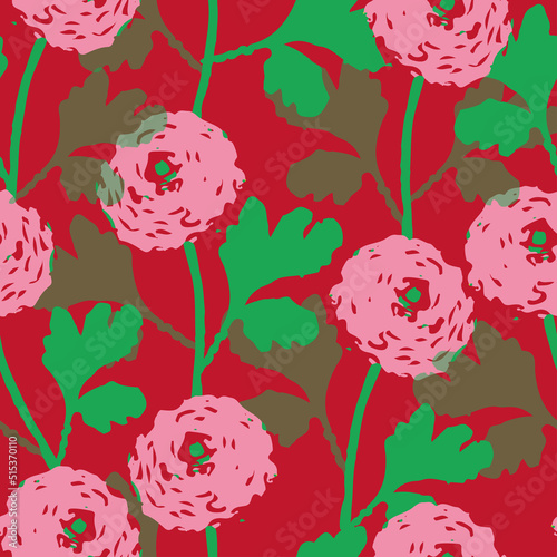 Obraz na płótnie seamless hand draw pink buttercup flowers and green leaves pattern background , greeting card or fabric w salonie