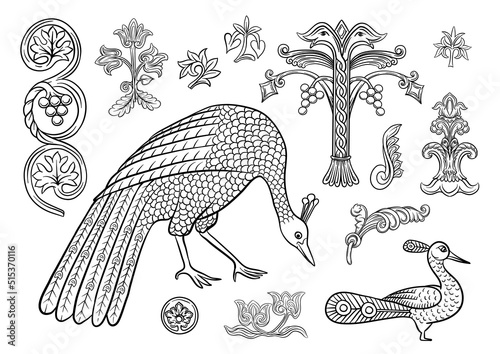 Byzantine traditional historical motifs of animals, birds, flowers and plants Clip art, set of elements for design Outline vector illustration.