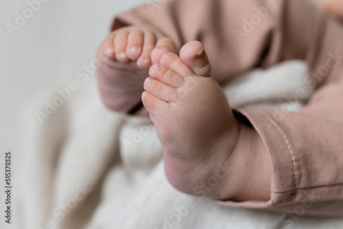 cute baby's feet on blanket, card, banner, space for text, health