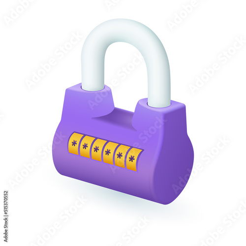 3d cartoon style realistic combination lock icon. Padlock or password lock for data protection flat vector illustration. Security, access, privacy, safeguard, encryption concept
