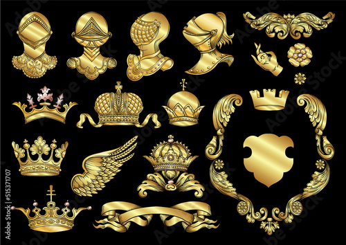 Set of crowns, knight, helmet, shield, coat of arms, ribbon, heraldry for traditional design of coats of arms and shields. Clip art, set off elements for design Vector illustration.