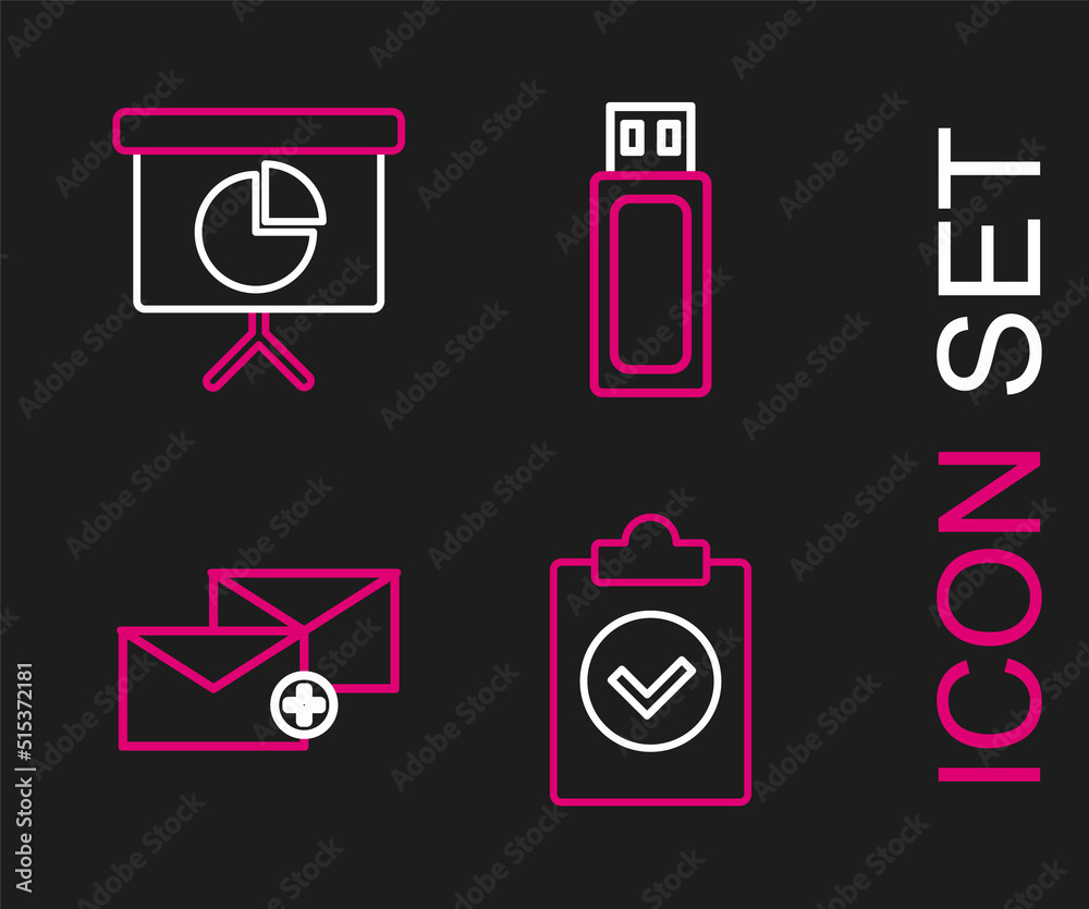 Set line Completed task, Envelope, USB flash drive and Presentation financial board with graph, schedule, chart, diagram, infographic, pie graph icon. Vector Set line Completed task, Envelope, USB flash drive and Presentation financial board with graph, schedule, chart, diagram, infographic, pie graph icon. Vector
