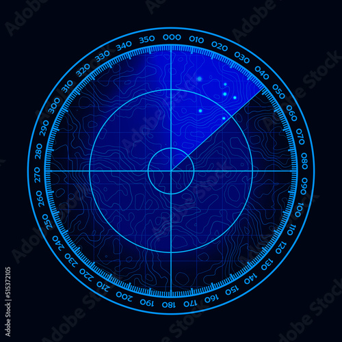 Digital blue vector radar with targets in searching. Realistic military search sonar interface. HUD display illustration.