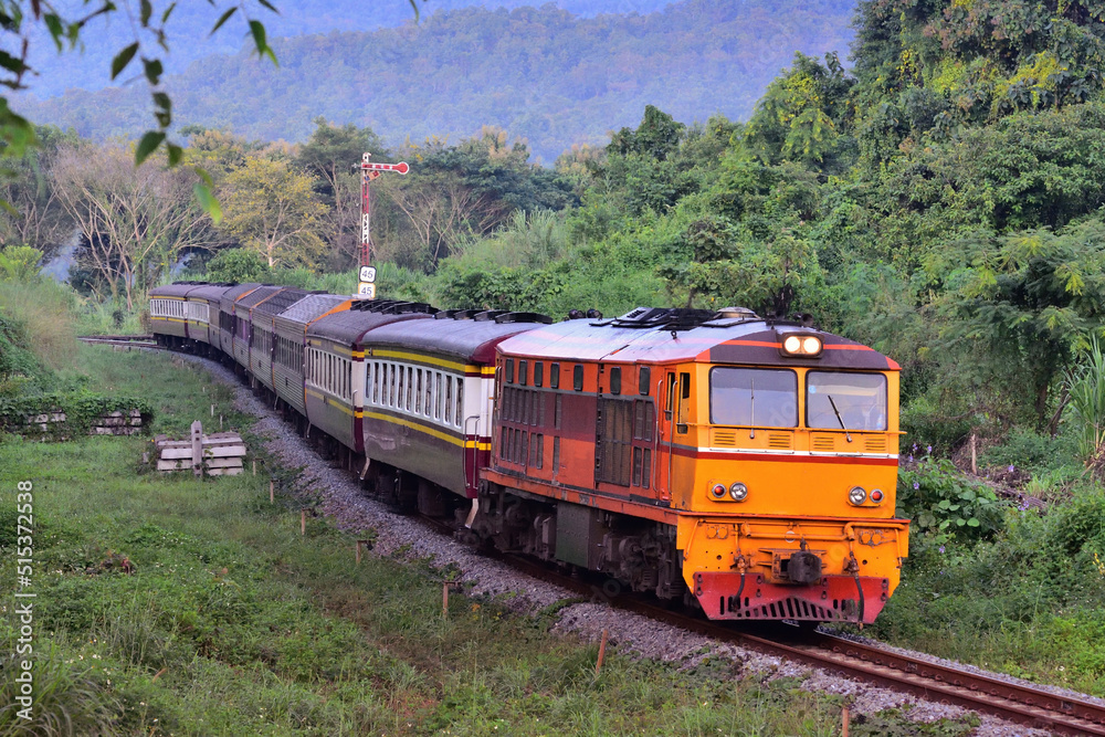 Naklejka premium Thai passenger train by diesel locomotive on the railway